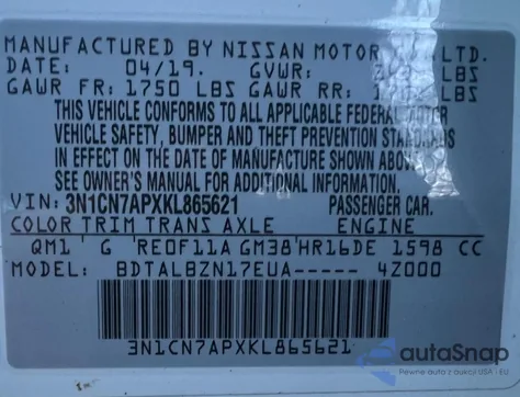 2019 Nissan Versa S z USA, uszkodzony, nr VIN 3N1CN7APXKL865621